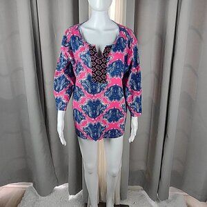 KIM ROGERS 100% Cotton Bright Pink & Blue Pullover Shirt. Size 1X